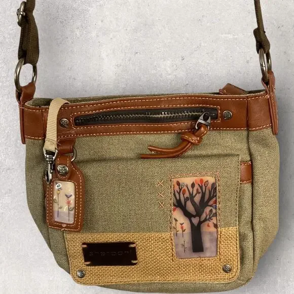 Sherpani Crossbody Purse Canvas Leather Trim Boho Tree Patch Green Brown Bag - Picture 2 of 12